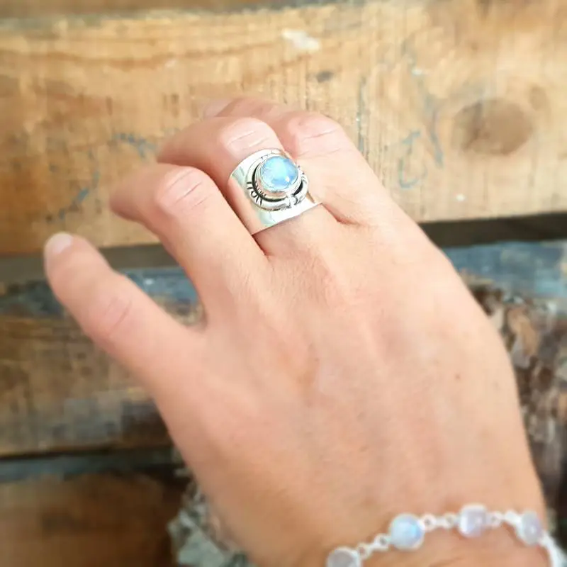 Silver moonstone adjustable ring