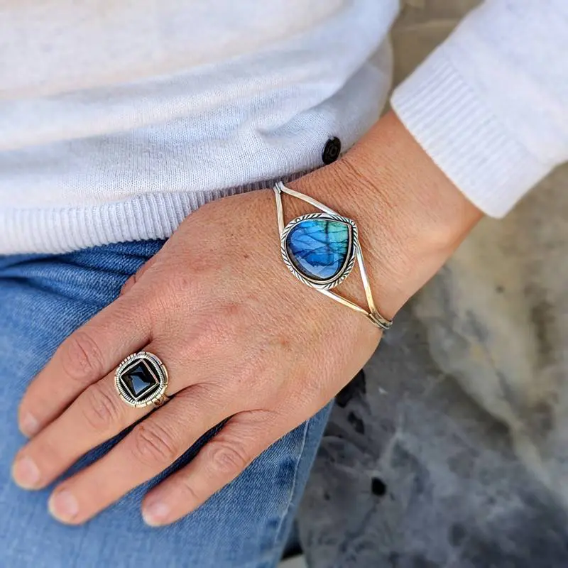 Silver labradorite bangle bracelet