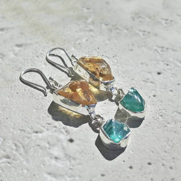 Silver citrine and raw blue topaz earrings