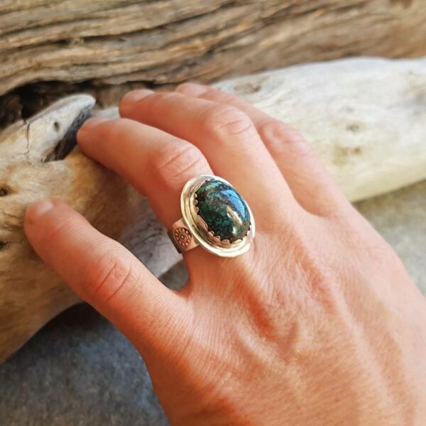 Silver blue azurite ring