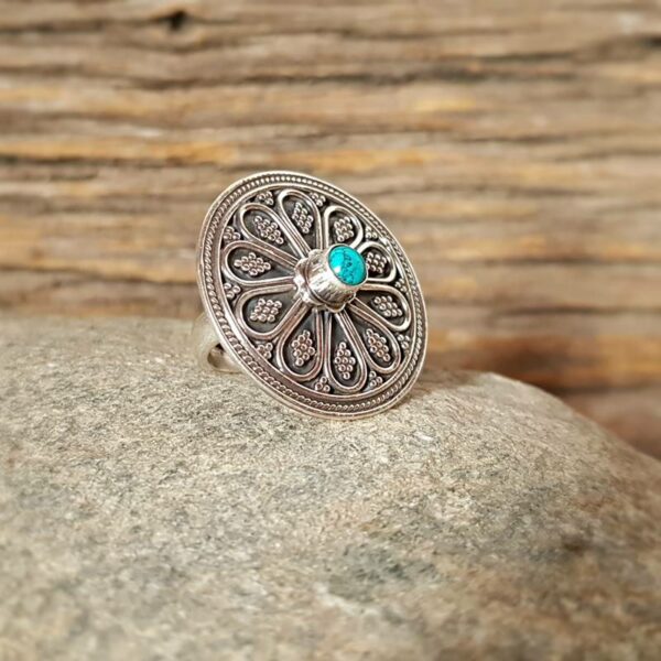 Bague ethnique ajustable argent et turquoise