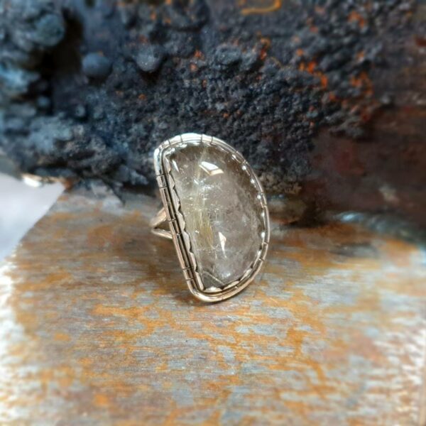 Moon silver rutilated quartz ring
