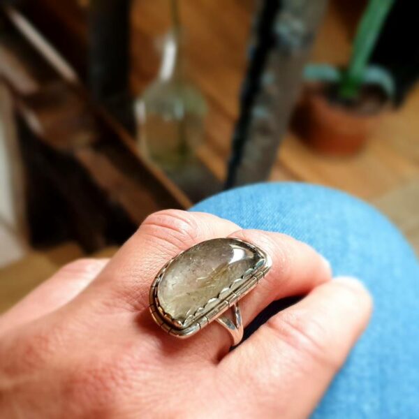 Moon silver rutilated quartz ring