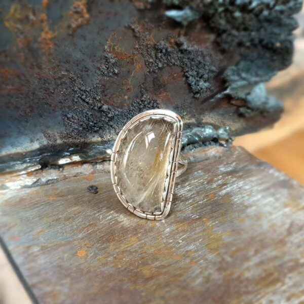 Moon silver rutilated quartz ring