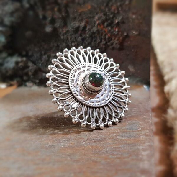 Ethnic silver and garnet ring