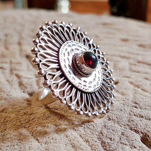 Ethnic silver and garnet ring