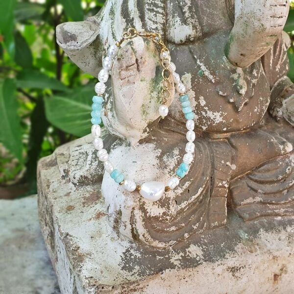 Bracelet in cultured pearls and amazonite YLANG