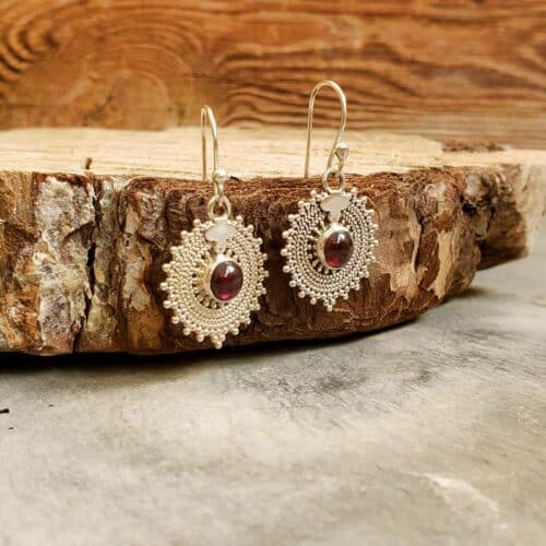 Boucles d'oreilles argent et grenat MANDALA