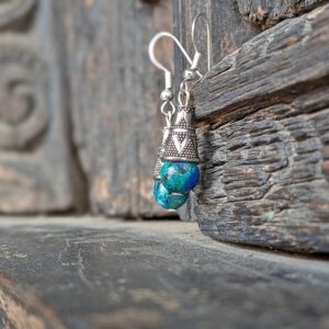 Boucles d'oreilles népalaises en azurite malachite argentées