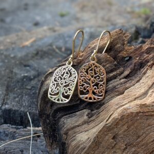 Boucles d'oreilles arbre de vie dorées rectangles