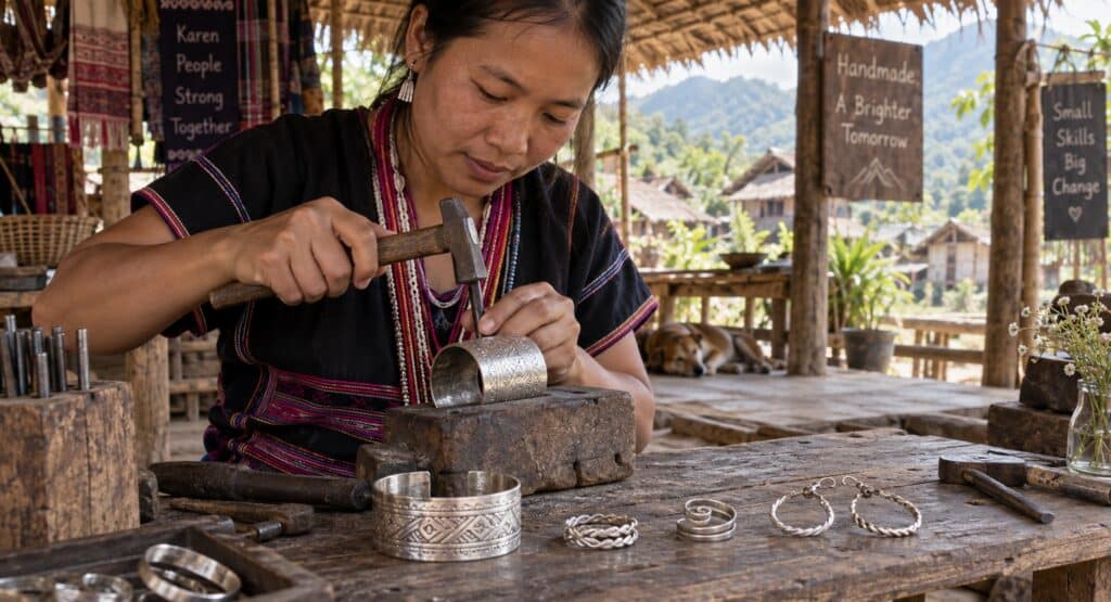 Création de bijoux artisanaux Karen, au nord de la Thaïlande